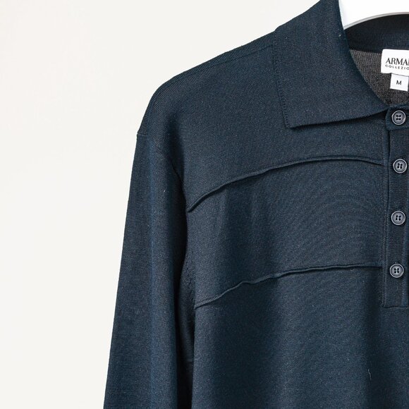 Armani Collezioni Navy Silk-Blend Knit Long Sleeve Polo - Picture 4 of 10